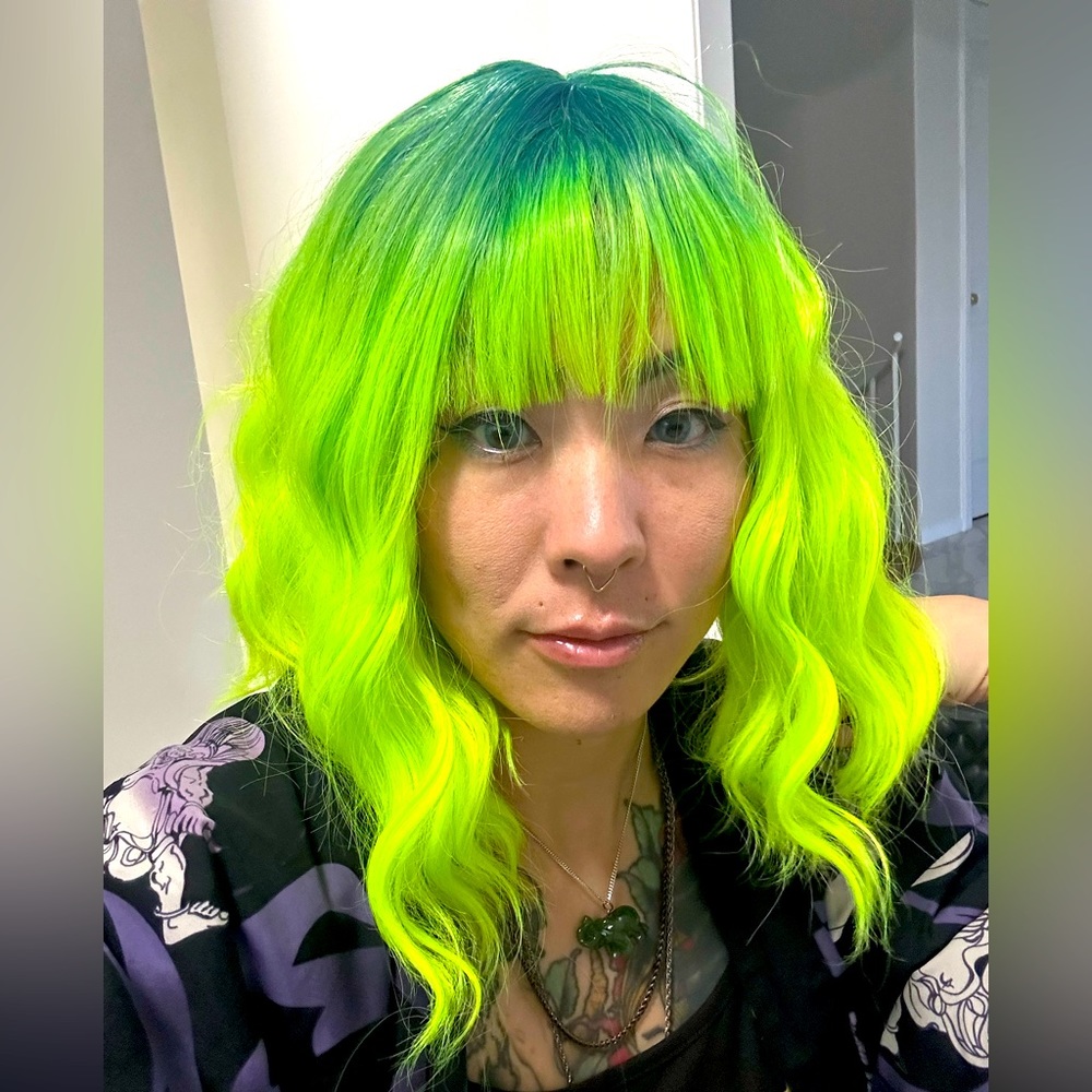 Neon green highlighter blacklight resistant glow hair wig Halloween costume race